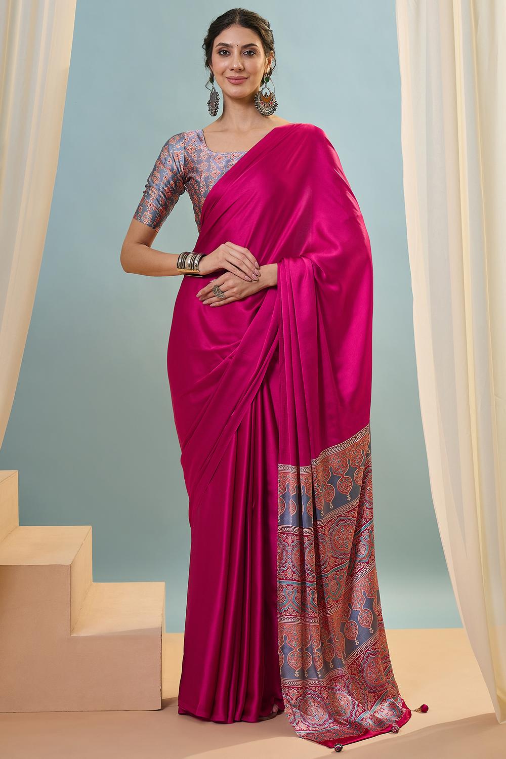Aqila Pink Modal Ajrakh Printed Ready to Wear One Minute Saree