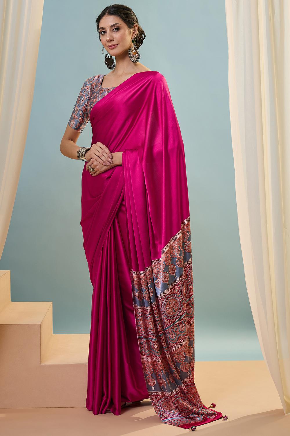 Aqila Pink Modal Ajrakh Printed Ready to Wear One Minute Saree