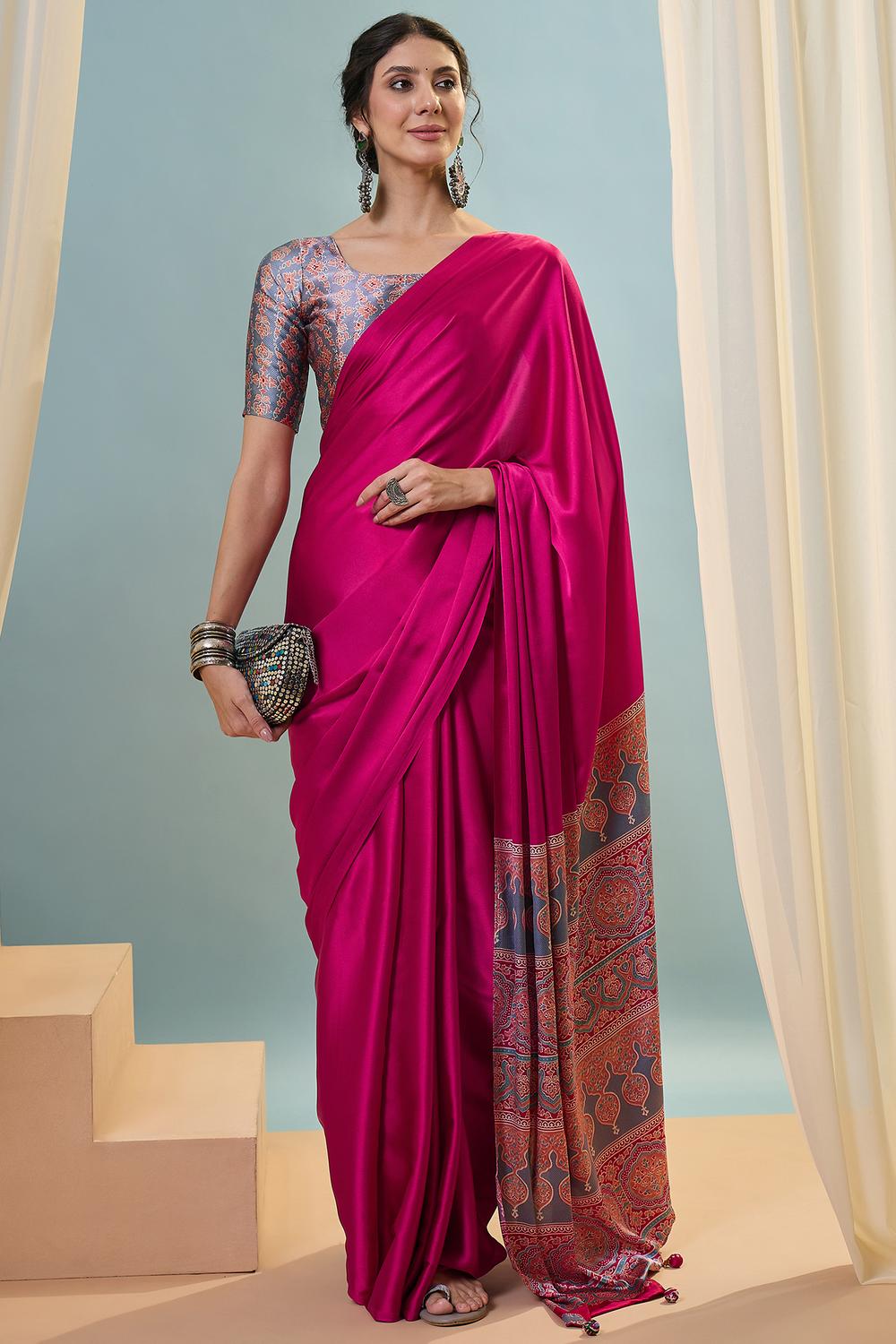 Aqila Pink Modal Ajrakh Printed Ready to Wear One Minute Saree