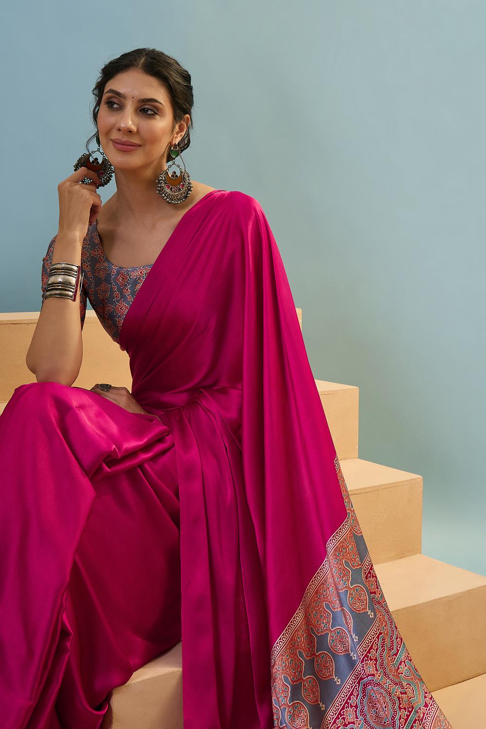 Aqila Pink Modal Ajrakh Printed Ready to Wear One Minute Saree