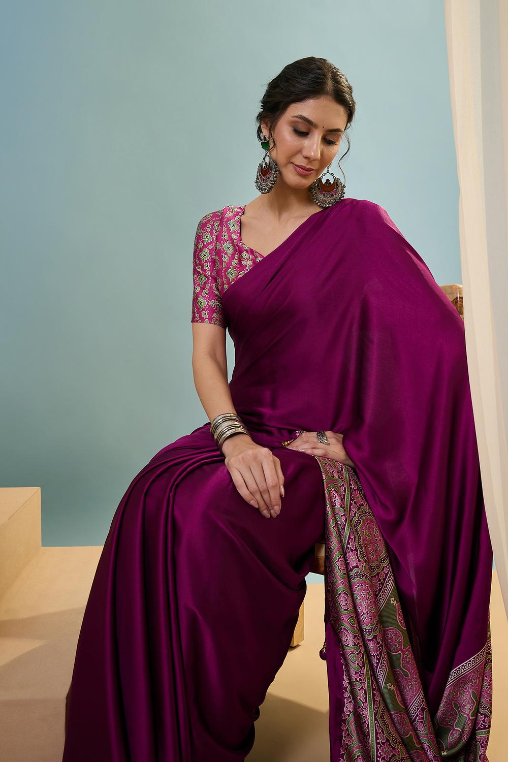 Aqila Wine Modal Ajrakh Printed Ready to Wear One Minute Saree