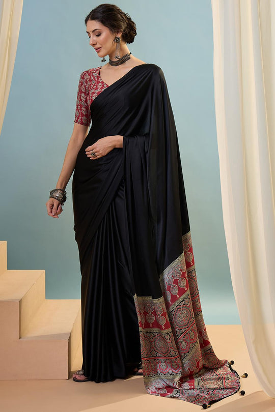 Aqila Black Modal Ajrakh Printed Ready to Wear One Minute Saree