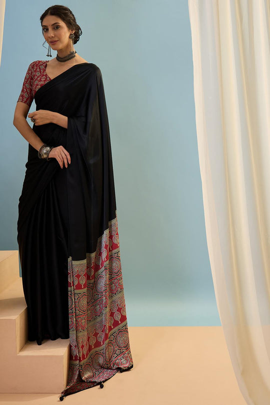 Aqila Black Modal Ajrakh Printed Ready to Wear One Minute Saree