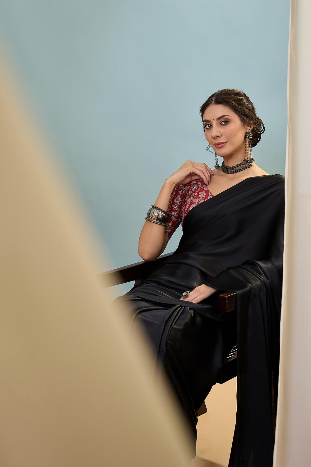 Aqila Black Modal Ajrakh Printed Ready to Wear One Minute Saree