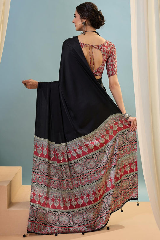 Aqila Black Modal Ajrakh Printed Ready to Wear One Minute Saree