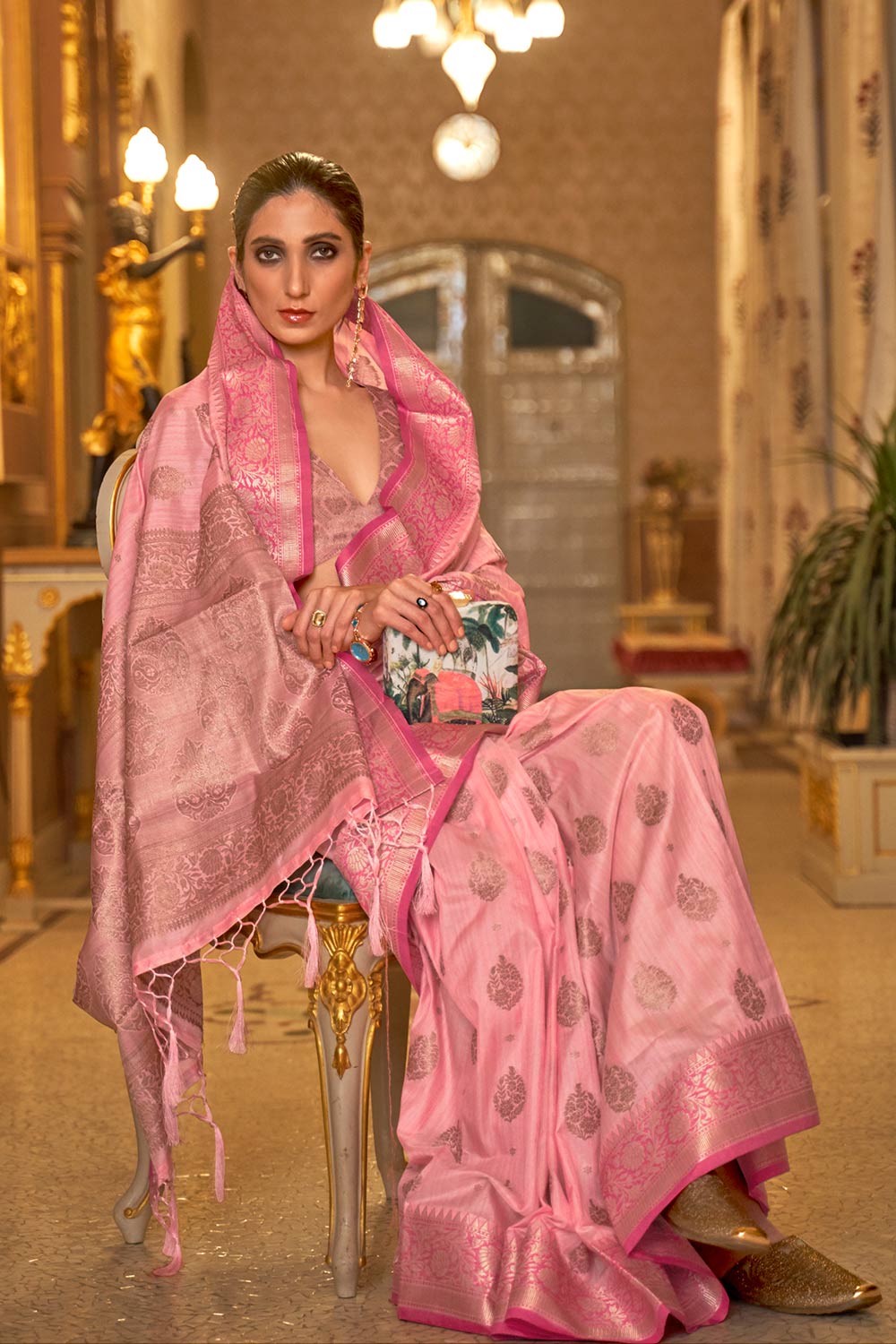 Kimaya Pink Weaving Silk One Minute Saree
