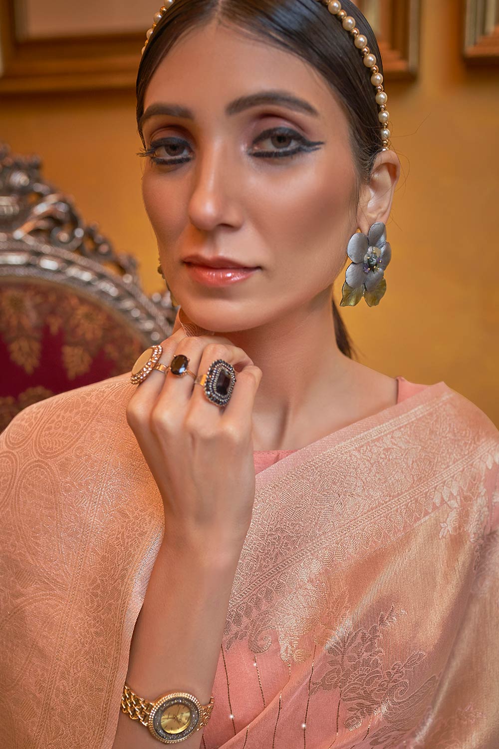 Korin Peach Modal Silk Zari & Sequins One Minute Saree