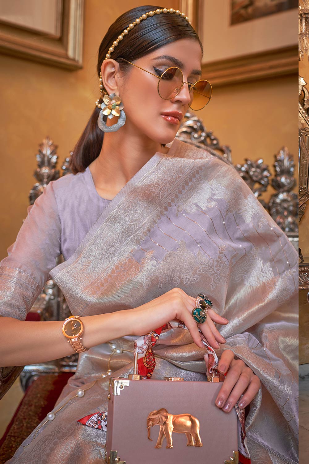Korin Stone Grey Modal Silk Zari & Sequins One Minute Saree