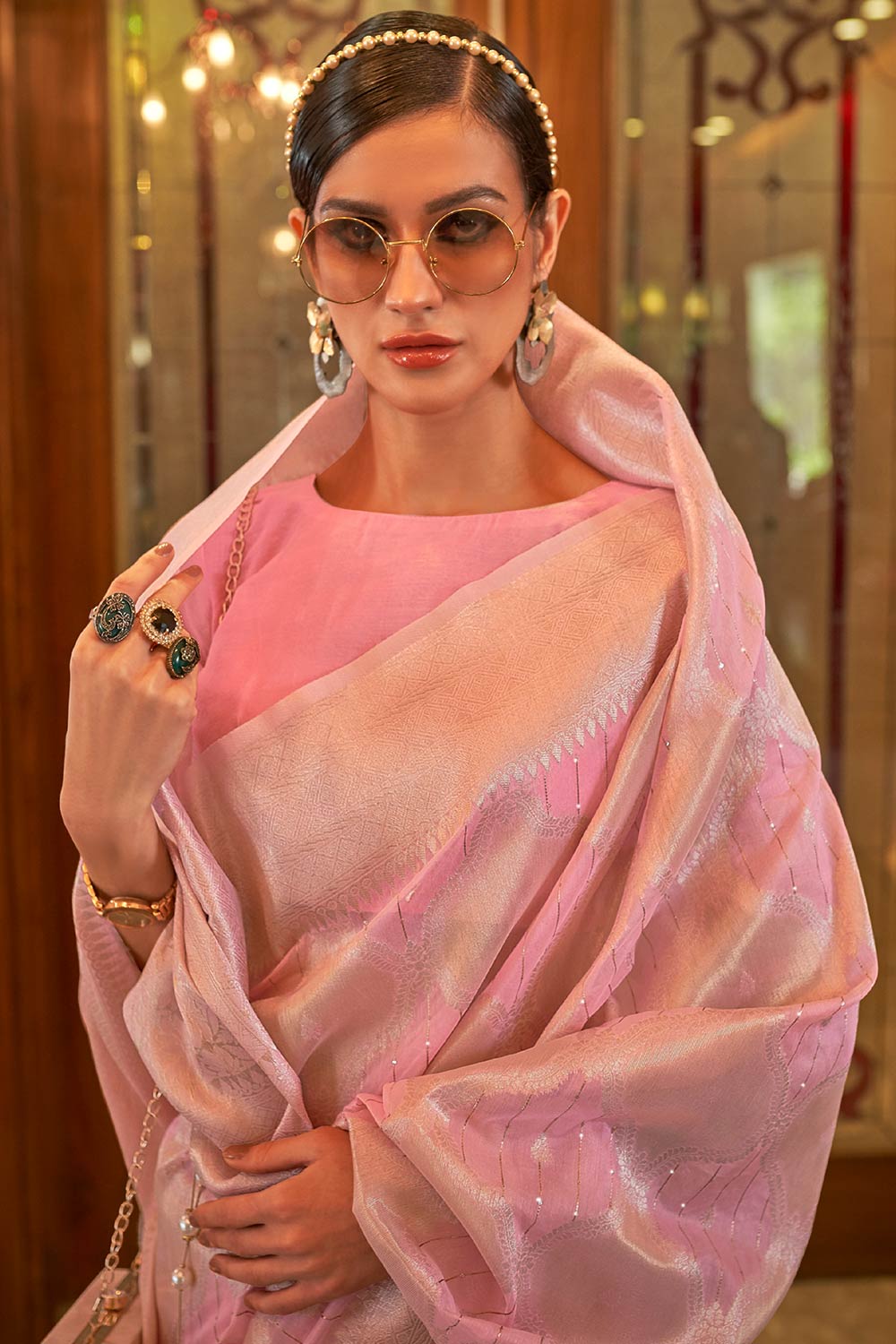 Korin Pink Modal Silk Zari & Sequins One Minute Saree