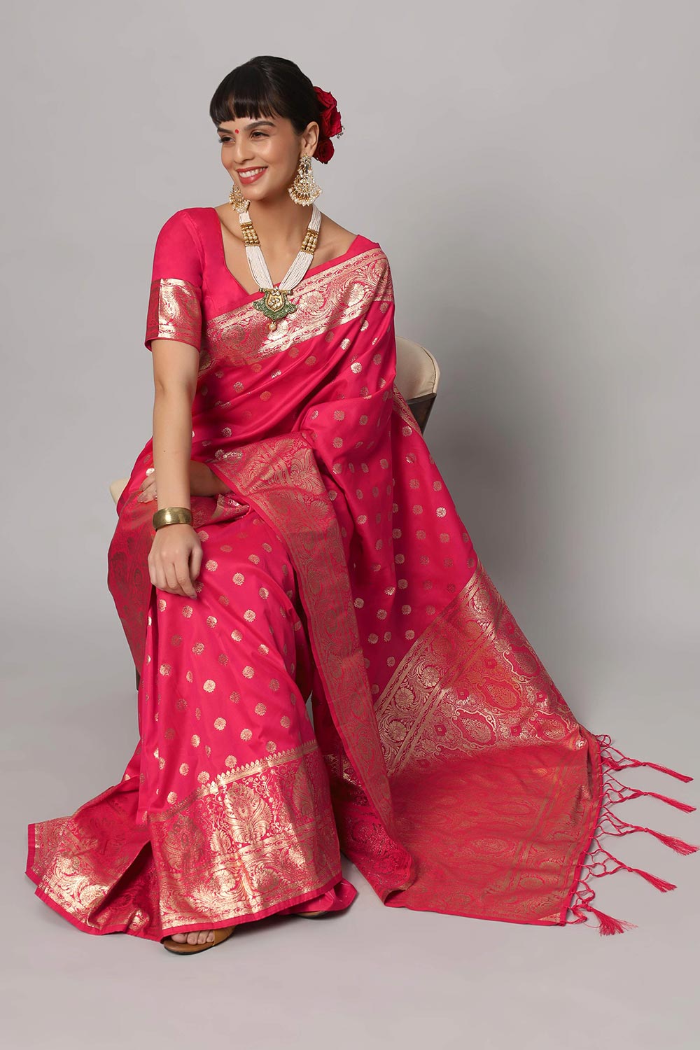 Riya Rani Pink & Gold Full Embroidered Banarasi One Minute Saree