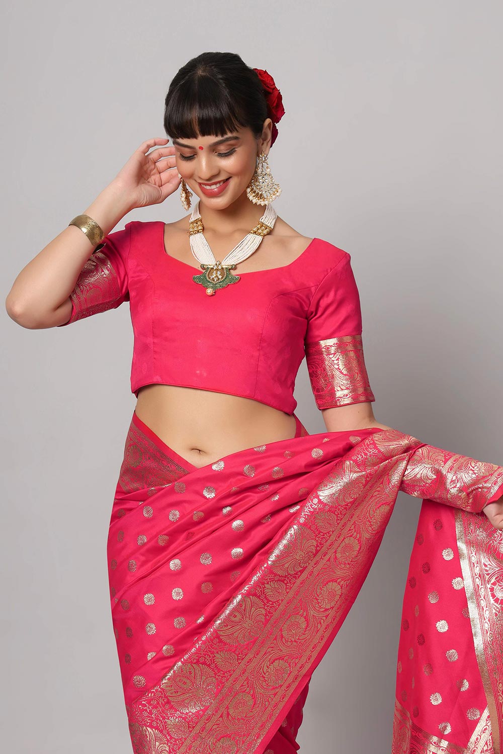 Riya Rani Pink & Gold Full Embroidered Banarasi One Minute Saree