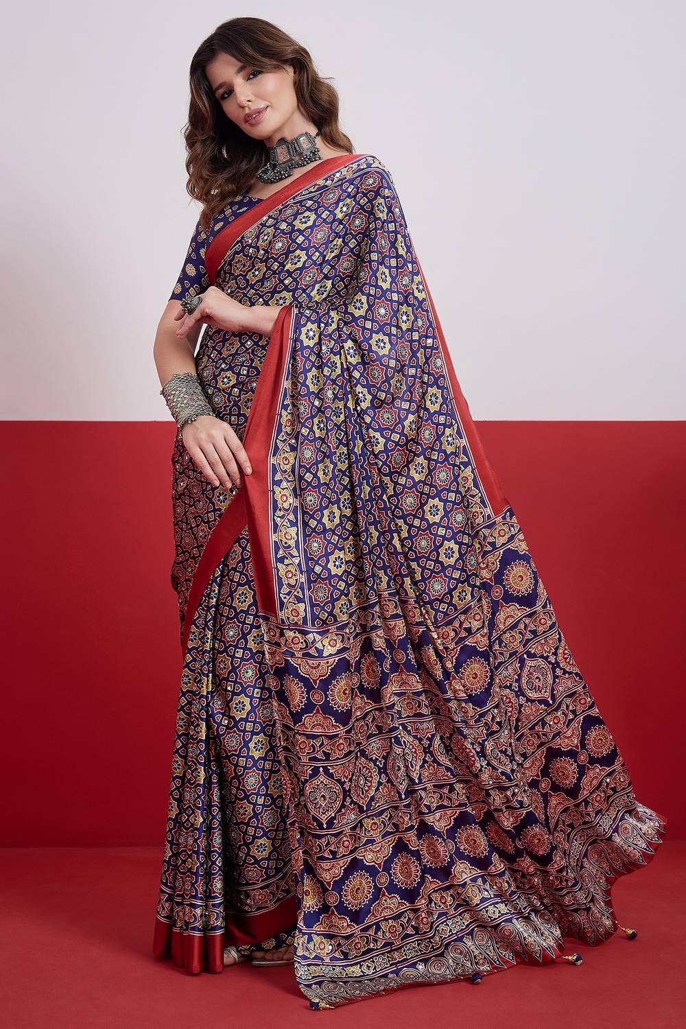 Evita Navy Blue and Red Ajrakh Printed Semi Modal Mirror Work Ready to Wear Saree