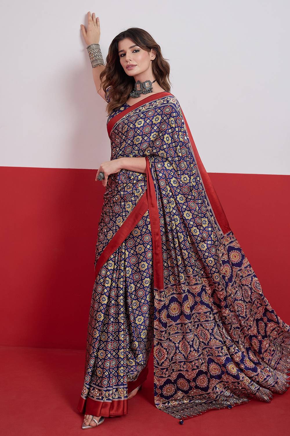 Evita Navy Blue and Red Ajrakh Printed Semi Modal Mirror Work Ready to Wear Saree