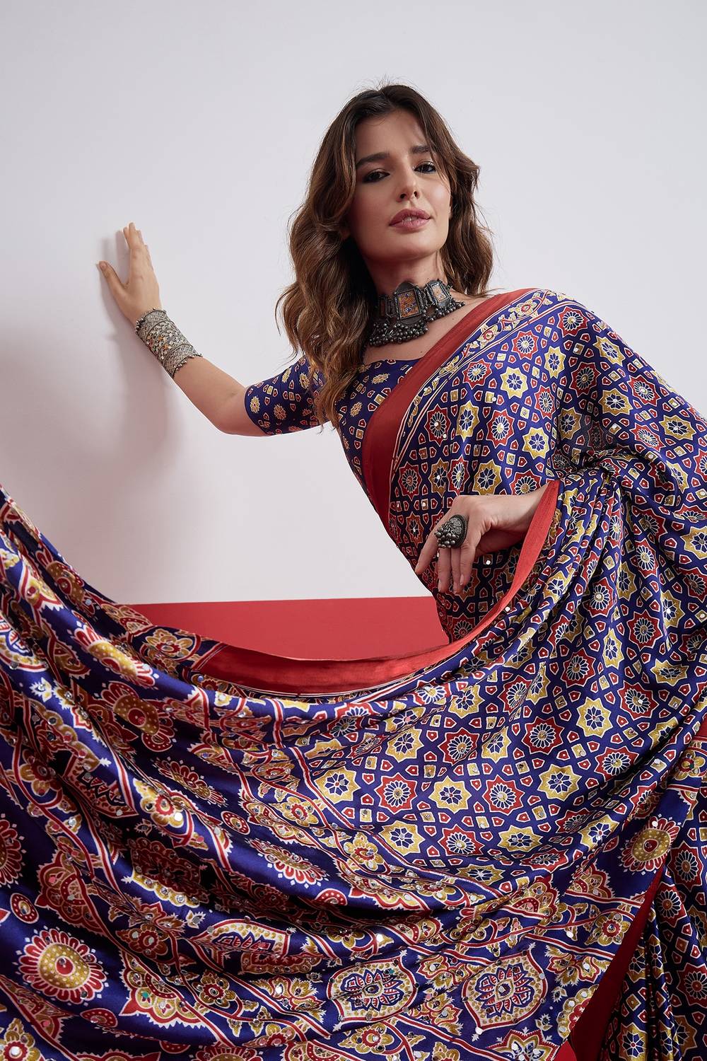Evita Navy Blue and Red Ajrakh Printed Semi Modal Mirror Work Ready to Wear Saree