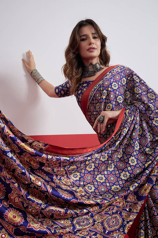 Evita Navy Blue and Red Ajrakh Printed Semi Modal Mirror Work Ready to Wear Saree