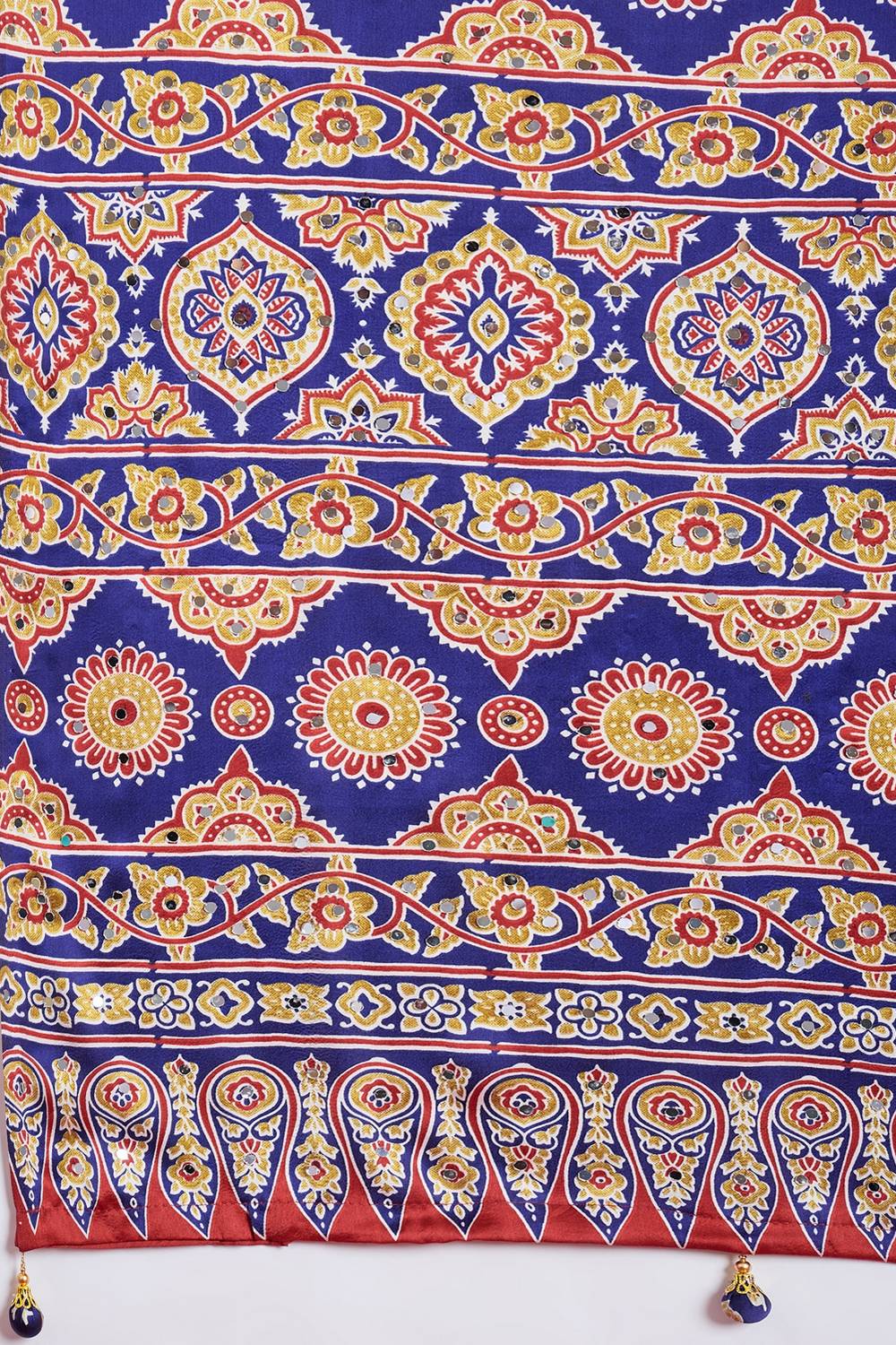 Evita Navy Blue and Red Ajrakh Printed Semi Modal Mirror Work Ready to Wear Saree