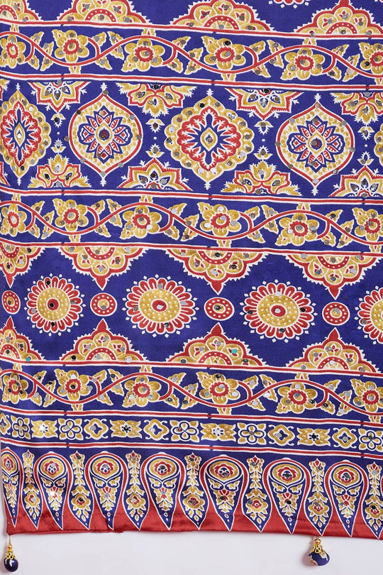 Evita Navy Blue and Red Ajrakh Printed Semi Modal Mirror Work Ready to Wear Saree