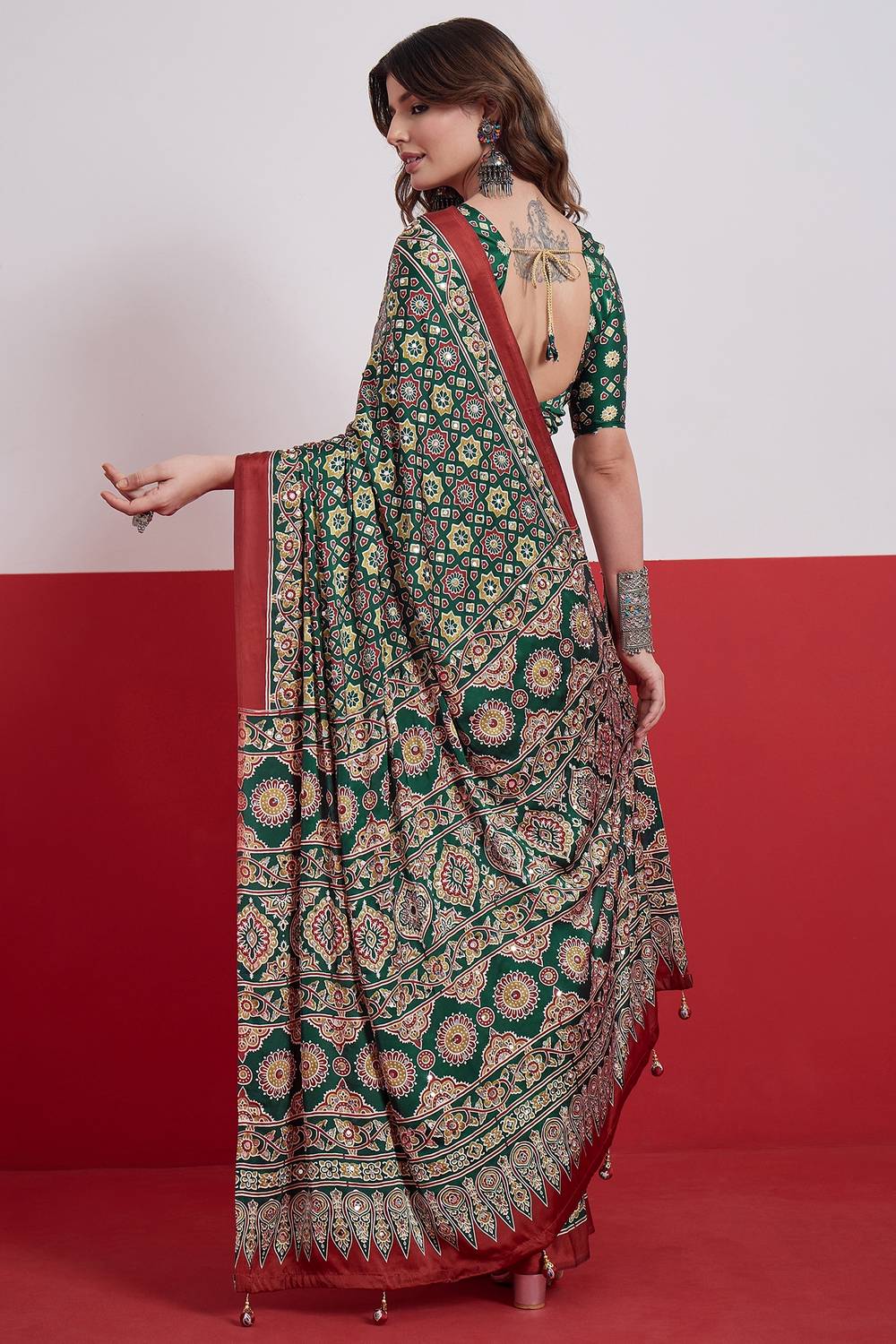 Evita Green and Red Ajrakh Printed Semi Modal Mirror Work Ready to Wear Saree