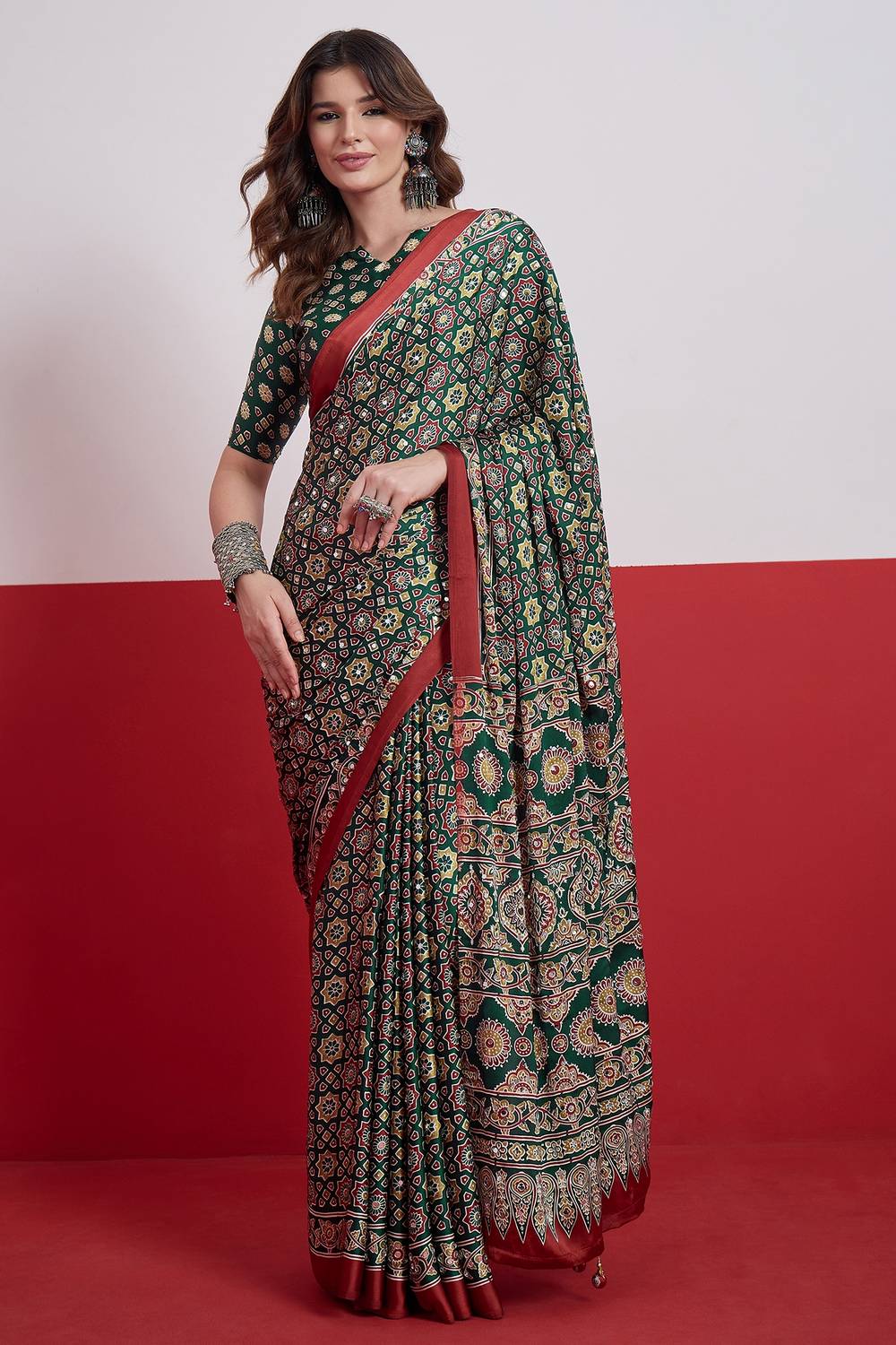 Evita Green and Red Ajrakh Printed Semi Modal Mirror Work Ready to Wear Saree