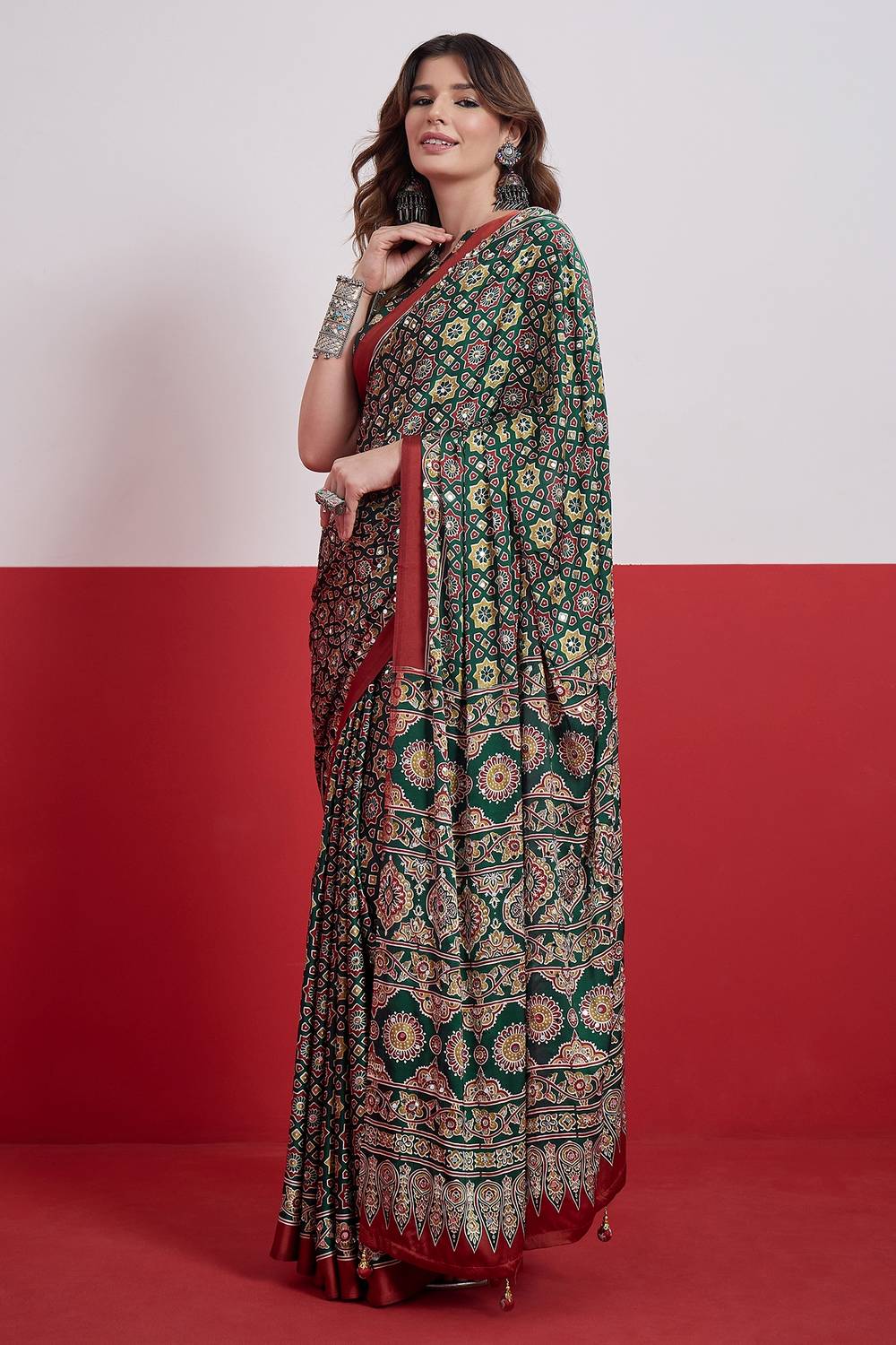 Evita Green and Red Ajrakh Printed Semi Modal Mirror Work Ready to Wear Saree