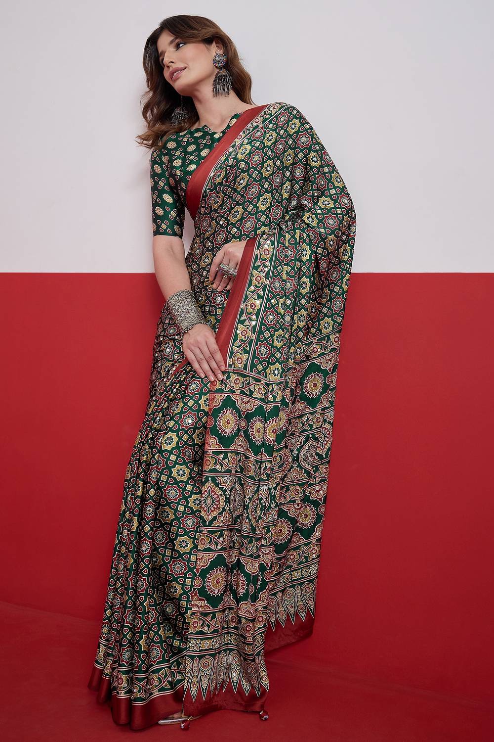 Evita Green and Red Ajrakh Printed Semi Modal Mirror Work Ready to Wear Saree