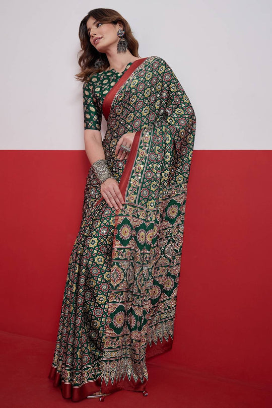 Evita Green and Red Ajrakh Printed Semi Modal Mirror Work Ready to Wear Saree