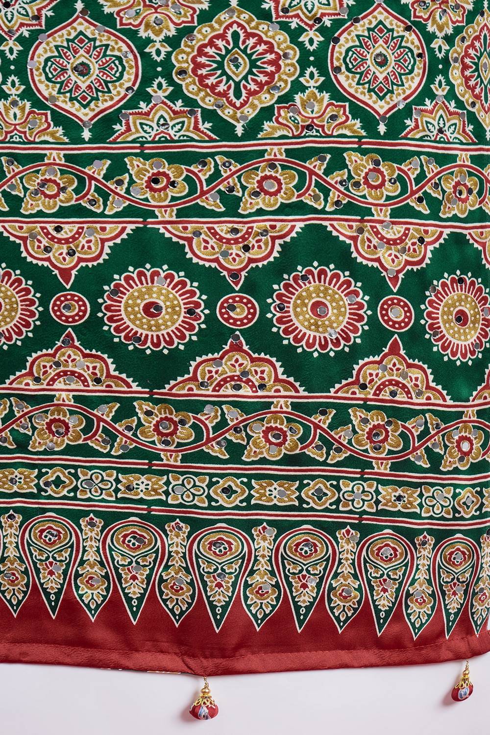 Evita Green and Red Ajrakh Printed Semi Modal Mirror Work Ready to Wear Saree