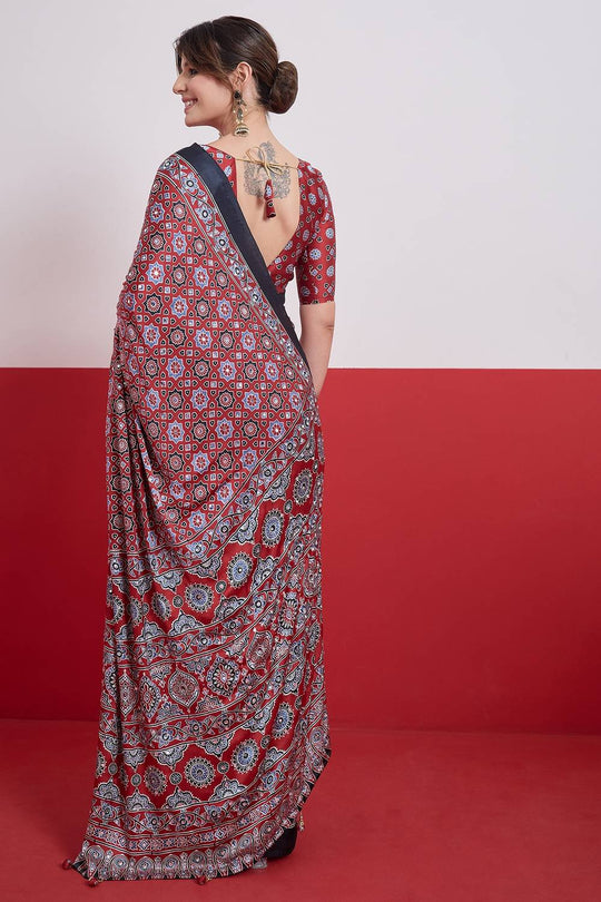 Evita Red and Black Ajrakh Printed Semi Modal Mirror Work Ready to Wear Saree