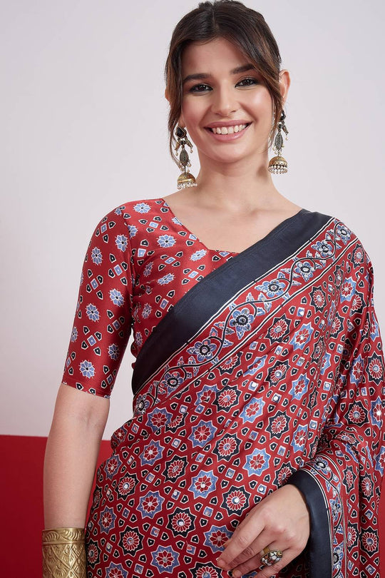 Evita Red and Black Ajrakh Printed Semi Modal Mirror Work Ready to Wear Saree