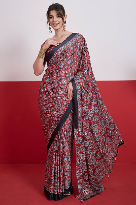 Evita Red and Black Ajrakh Printed Semi Modal Mirror Work Ready to Wear Saree