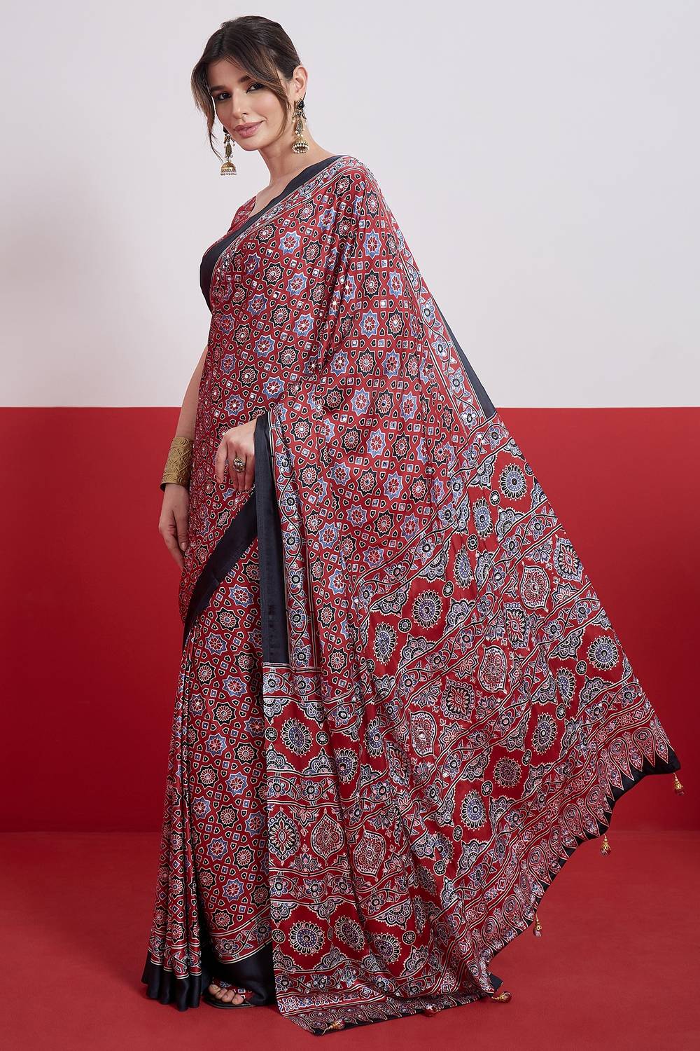 Evita Red and Black Ajrakh Printed Semi Modal Mirror Work Ready to Wear Saree