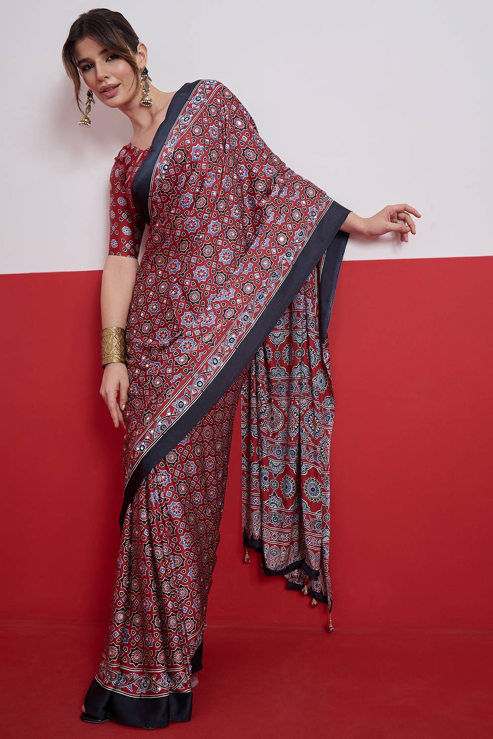 Evita Red and Black Ajrakh Printed Semi Modal Mirror Work Ready to Wear Saree