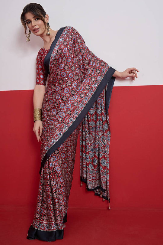 Evita Red and Black Ajrakh Printed Semi Modal Mirror Work Ready to Wear Saree