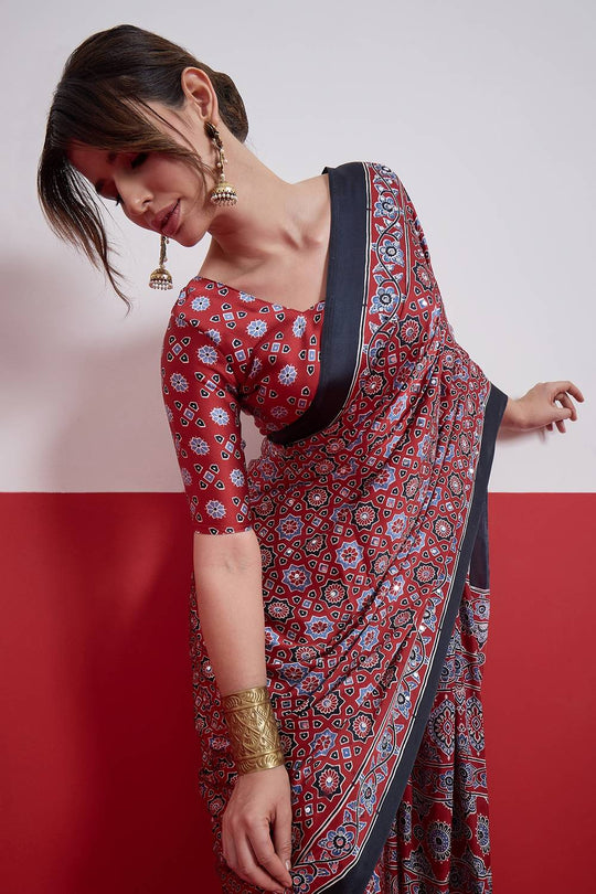 Evita Red and Black Ajrakh Printed Semi Modal Mirror Work Ready to Wear Saree