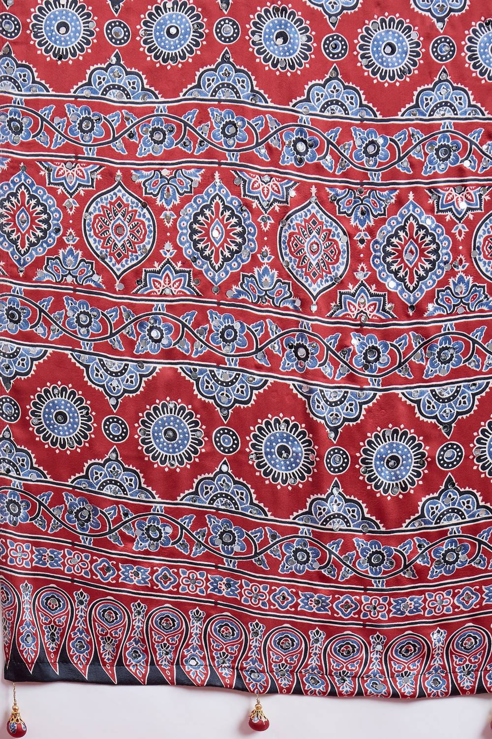 Evita Red and Black Ajrakh Printed Semi Modal Mirror Work Ready to Wear Saree