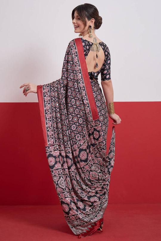 Evita Black and Red Ajrakh Printed Semi Modal Mirror Work Ready to Wear Saree