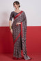 Evita Black and Red Ajrakh Printed Semi Modal Mirror Work Ready to Wear Saree