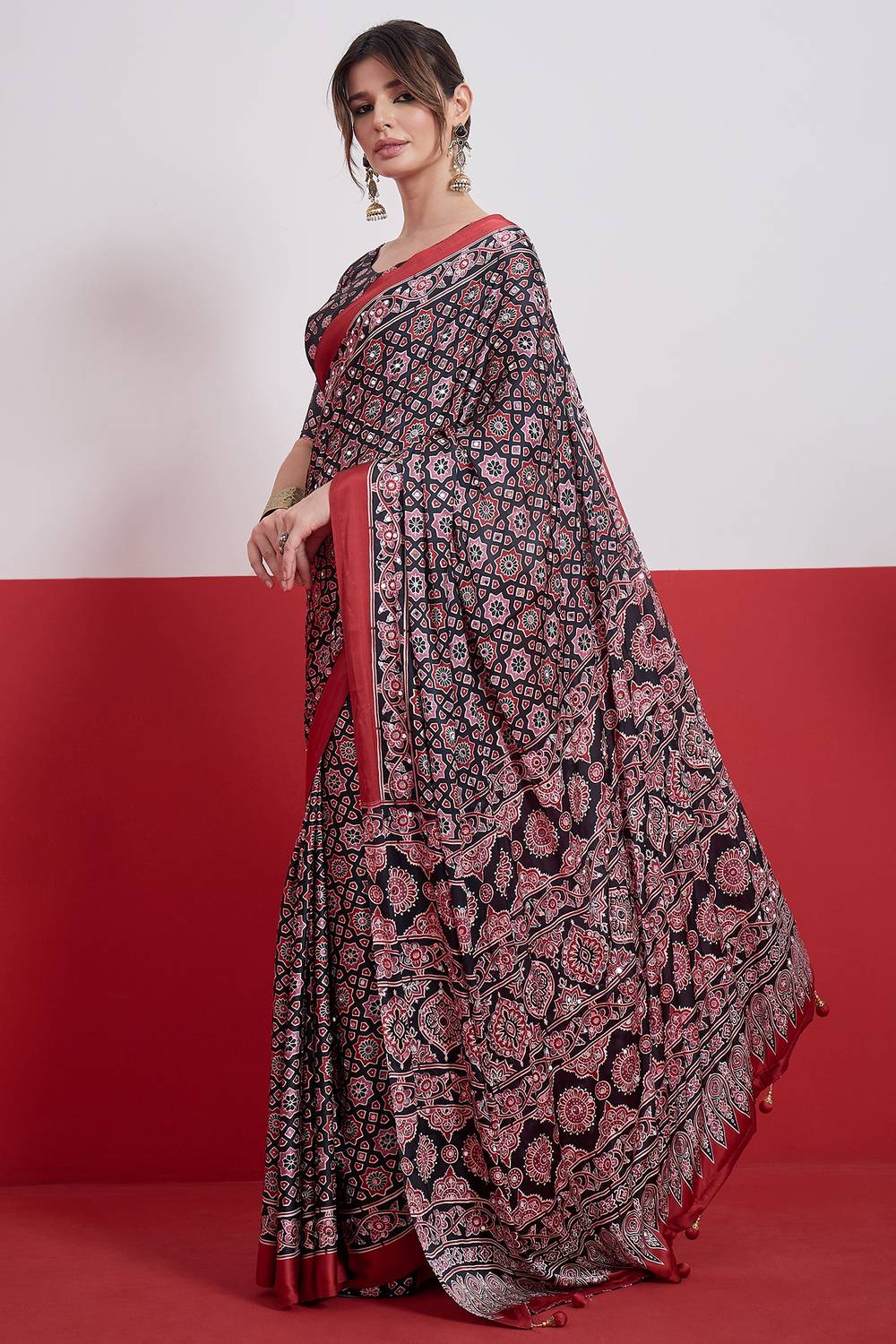 Evita Black and Red Ajrakh Printed Semi Modal Mirror Work Ready to Wear Saree