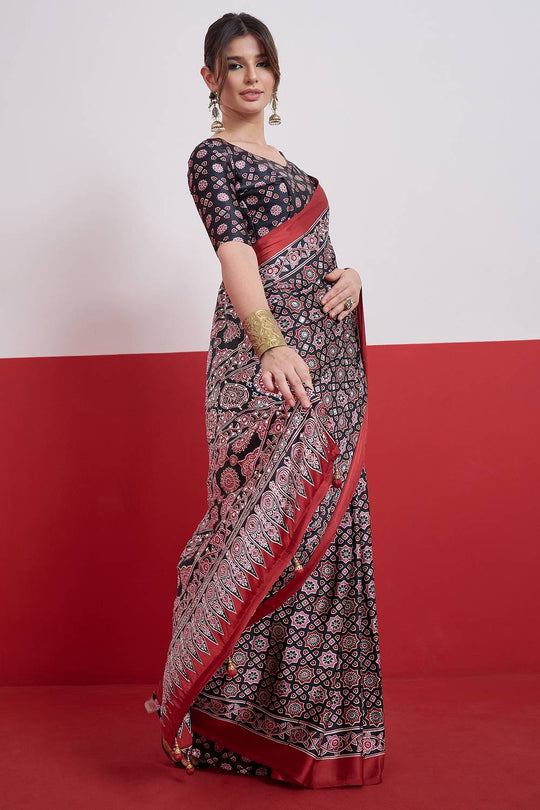 Evita Black and Red Ajrakh Printed Semi Modal Mirror Work Ready to Wear Saree