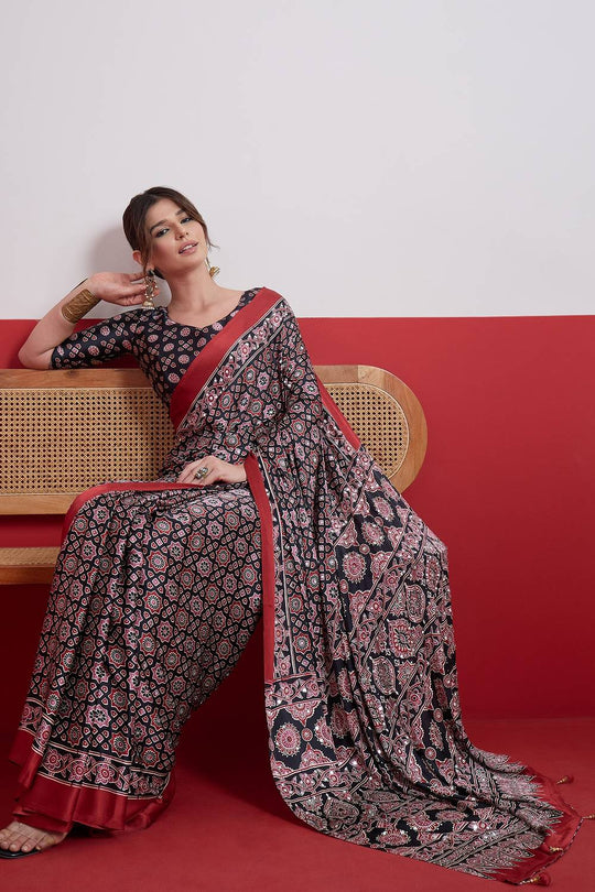 Evita Black and Red Ajrakh Printed Semi Modal Mirror Work Ready to Wear Saree