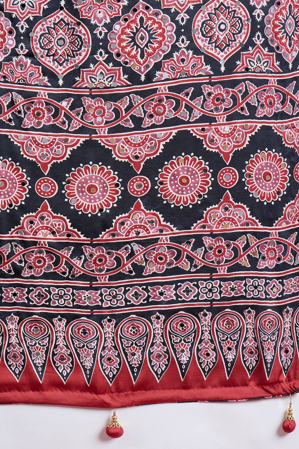 Evita Black and Red Ajrakh Printed Semi Modal Mirror Work Ready to Wear Saree