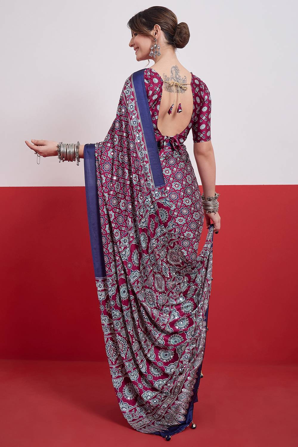 Evita Wine and Navy Blue Ajrakh Printed Semi Modal Mirror Work Ready to Wear Saree