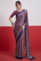 Evita Wine and Navy Blue Ajrakh Printed Semi Modal Mirror Work Ready to Wear Saree