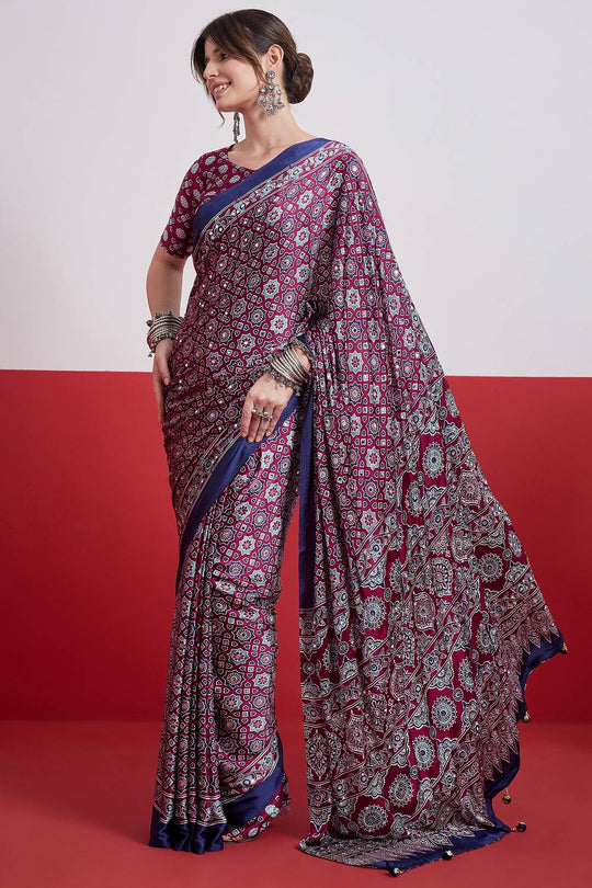 Evita Wine and Navy Blue Ajrakh Printed Semi Modal Mirror Work Ready to Wear Saree