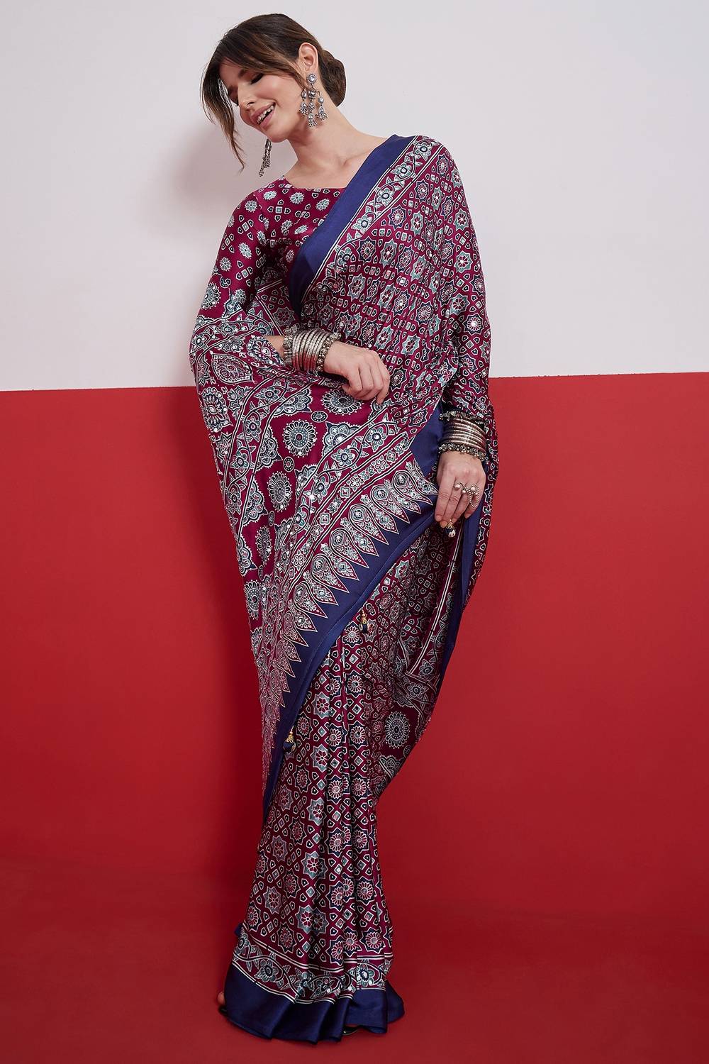 Evita Wine and Navy Blue Ajrakh Printed Semi Modal Mirror Work Ready to Wear Saree