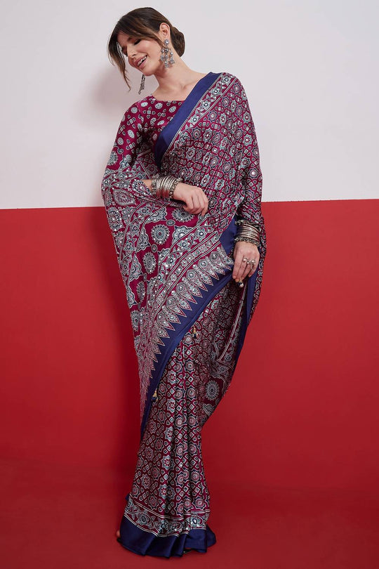 Evita Wine and Navy Blue Ajrakh Printed Semi Modal Mirror Work Ready to Wear Saree