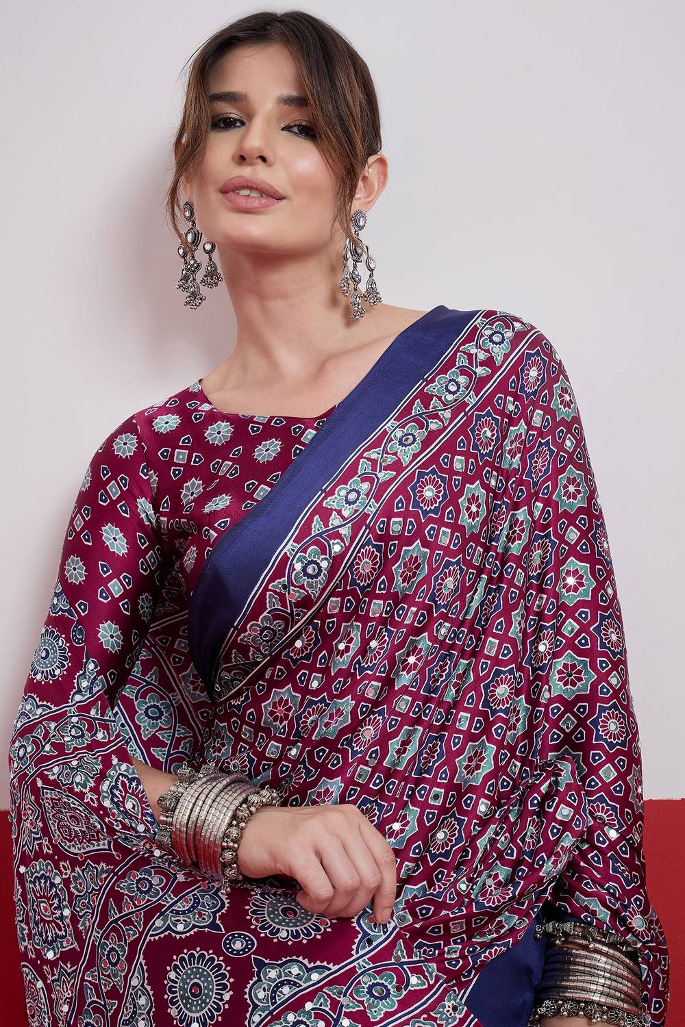 Evita Wine and Navy Blue Ajrakh Printed Semi Modal Mirror Work Ready to Wear Saree