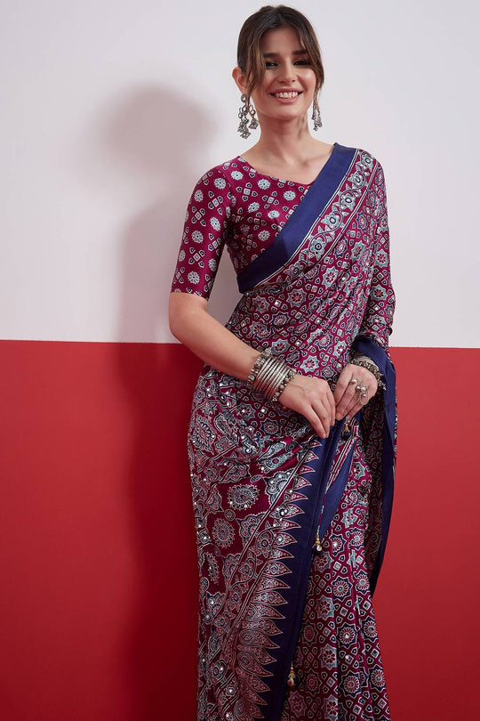 Evita Wine and Navy Blue Ajrakh Printed Semi Modal Mirror Work Ready to Wear Saree