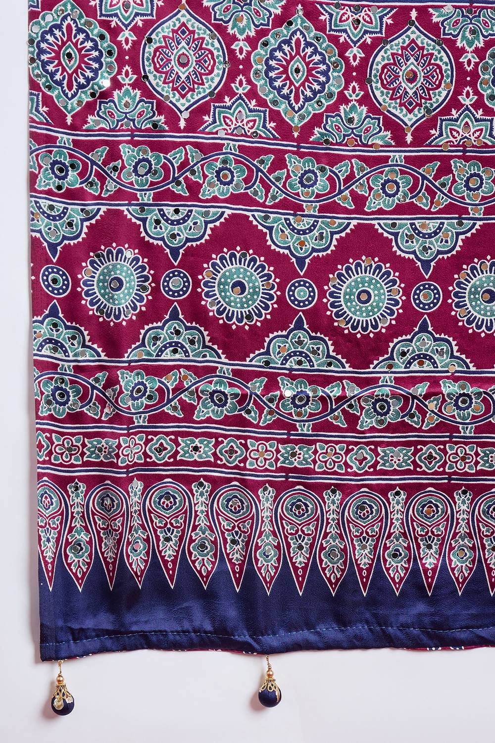 Evita Wine and Navy Blue Ajrakh Printed Semi Modal Mirror Work Ready to Wear Saree