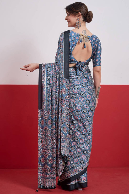Evita Powder Blue and Black Ajrakh Printed Semi Modal Mirror Work Ready to Wear Saree